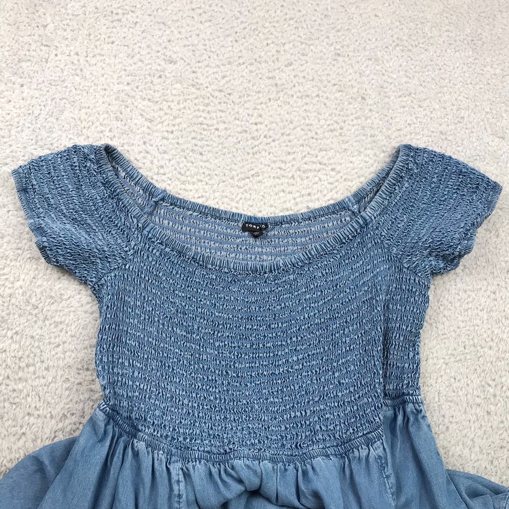 Torrid Off Shoulder Smocked Skater Dress Womens 2X Blue Chambray Lyocell Pockets - Picture 4 of 11